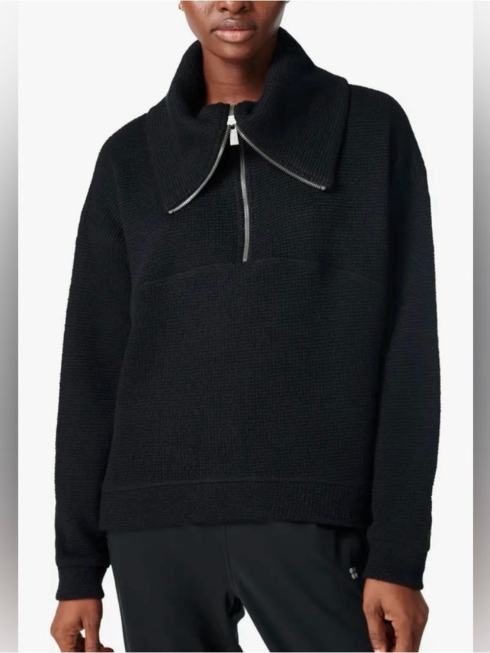 Sweaty Betty London Black Restful Boucle Half-Zip Women’s Pullover Sweater Sz 8